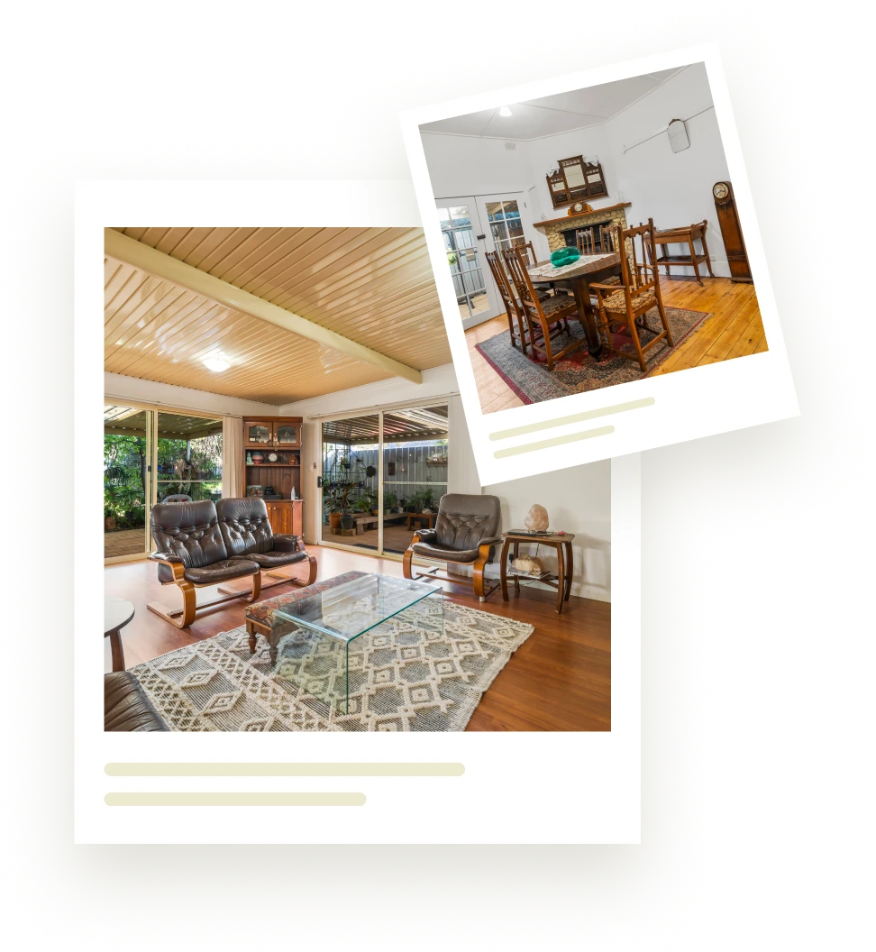 The interior design of Scarlet Homecare accomodation, featuring a living room with a wooden ceiling, large windows, leather furniture, a dining area with a wooden table and chairs, and decorative rugs on hardwood floors.
