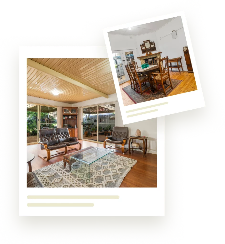 The interior design of Scarlet Homecare accomodation, featuring a living room with a wooden ceiling, large windows, leather furniture, a dining area with a wooden table and chairs, and decorative rugs on hardwood floors.