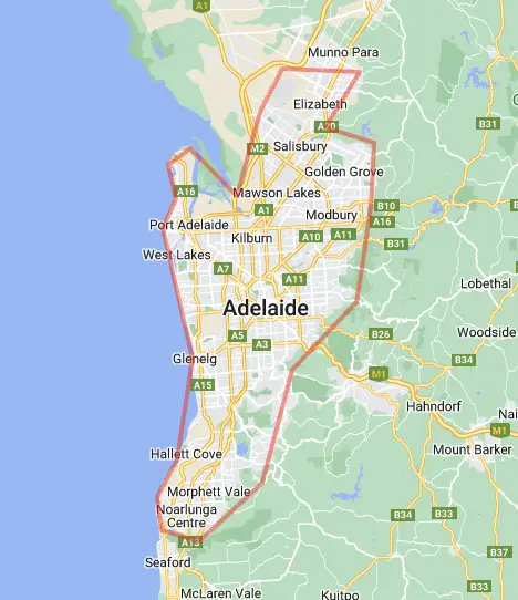 A map highlighting the area Scarlet Homecare covers. The map highlights all of Adelaide suburbia from Noarlunga up to Elizabeth.